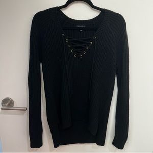 Black lace-up v-neck sweater